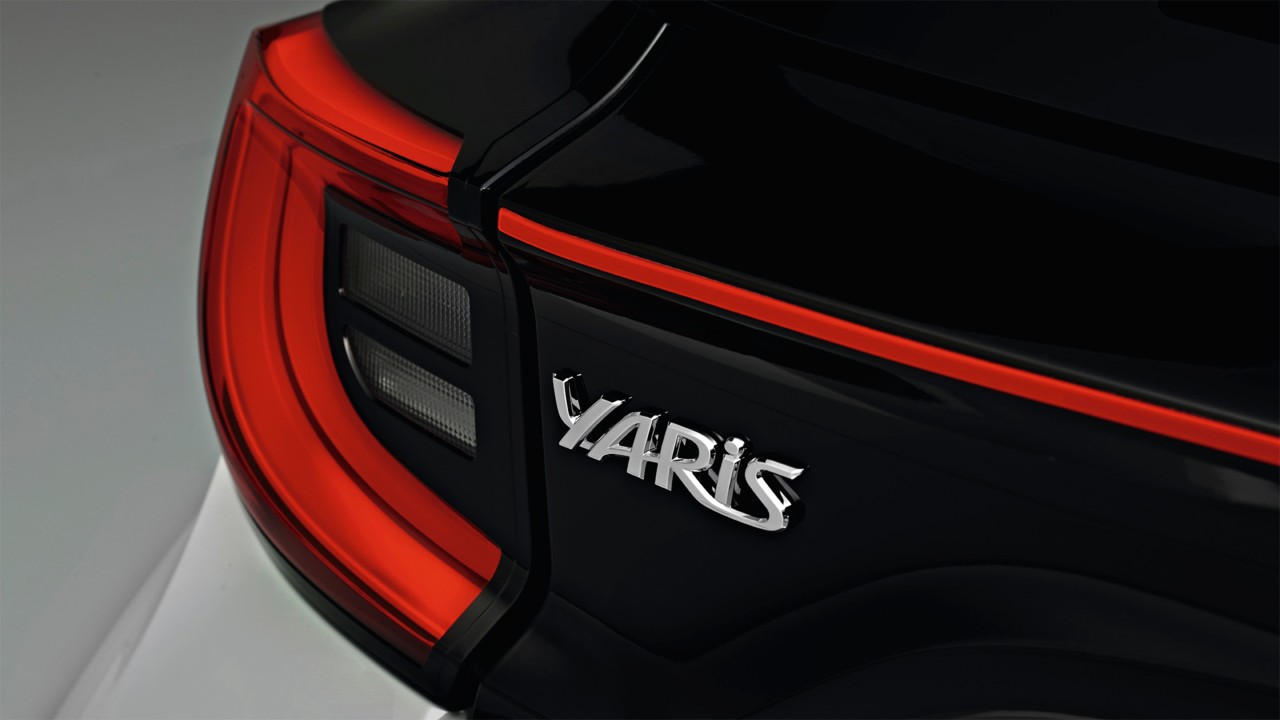 Model shown is Yaris GR SPORT  in bi-tone Dynamic Grey Night Sky Black roof (2RZ) and GR SPORT black fabric with red stitching seat